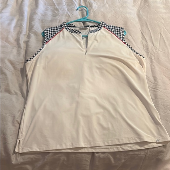 Lady Hagen Cream Sleeveless Tank Top with V-Neck and Patterned Shoulders - Picture 1 of 5